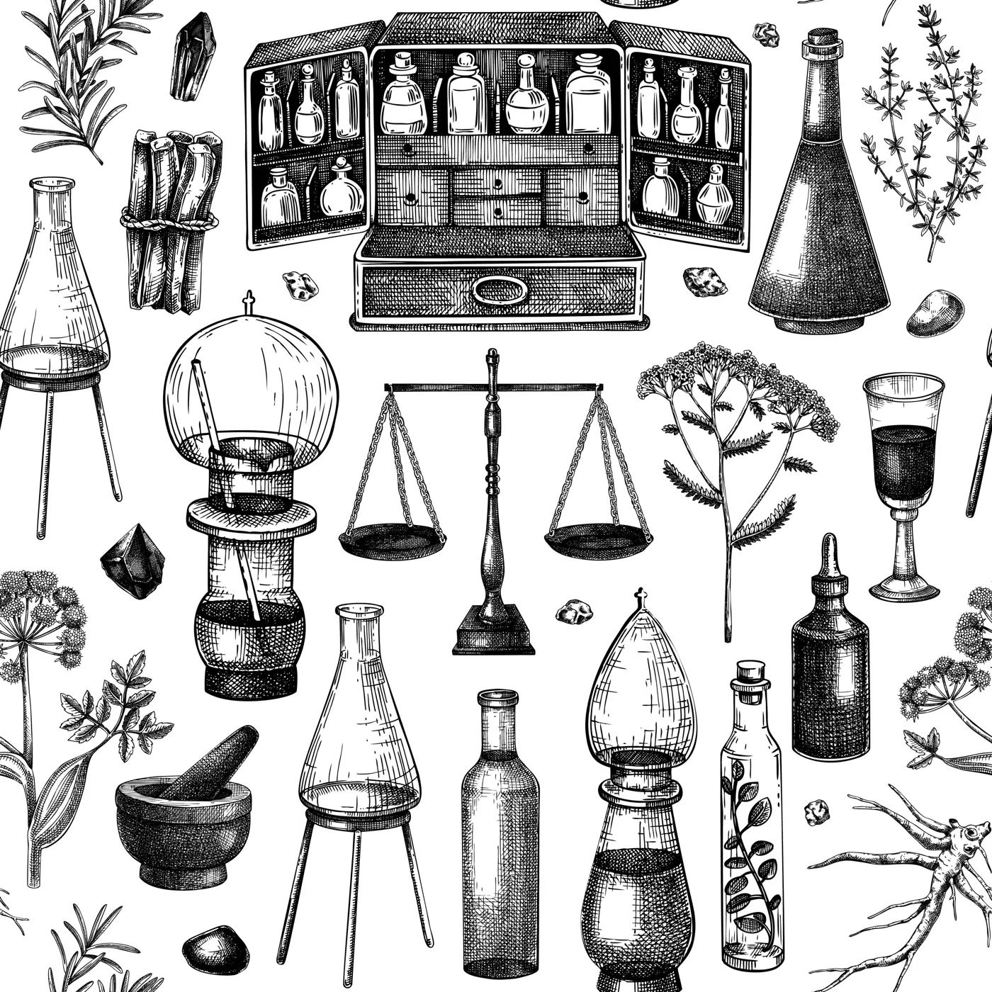 Antique apothecary background. Hand-drawn vector illustrations. Alchemy seamless pattern. Vintage chemistry glassware, healing herbs sketches. NOT AI generated Illustration